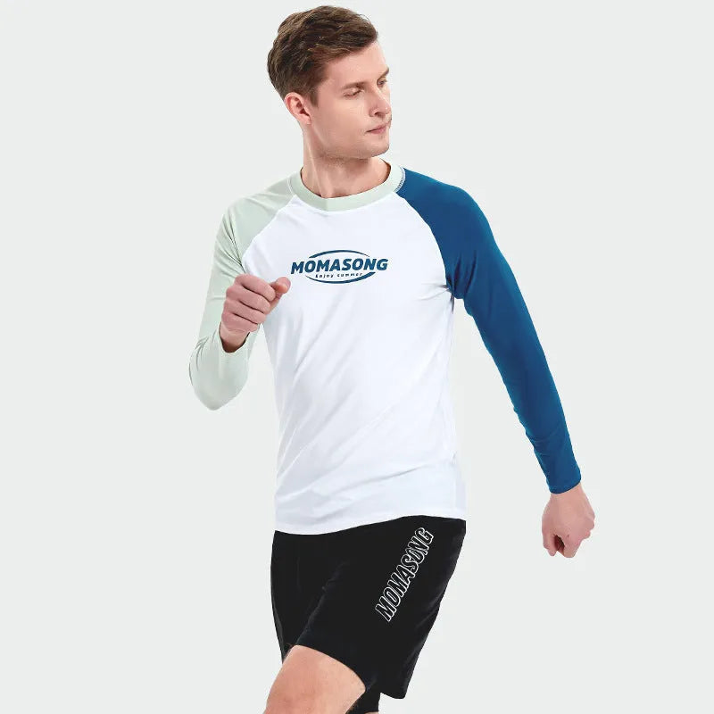 Men's white long-sleeve swim top with matching blue double-layer beach swimming trunks