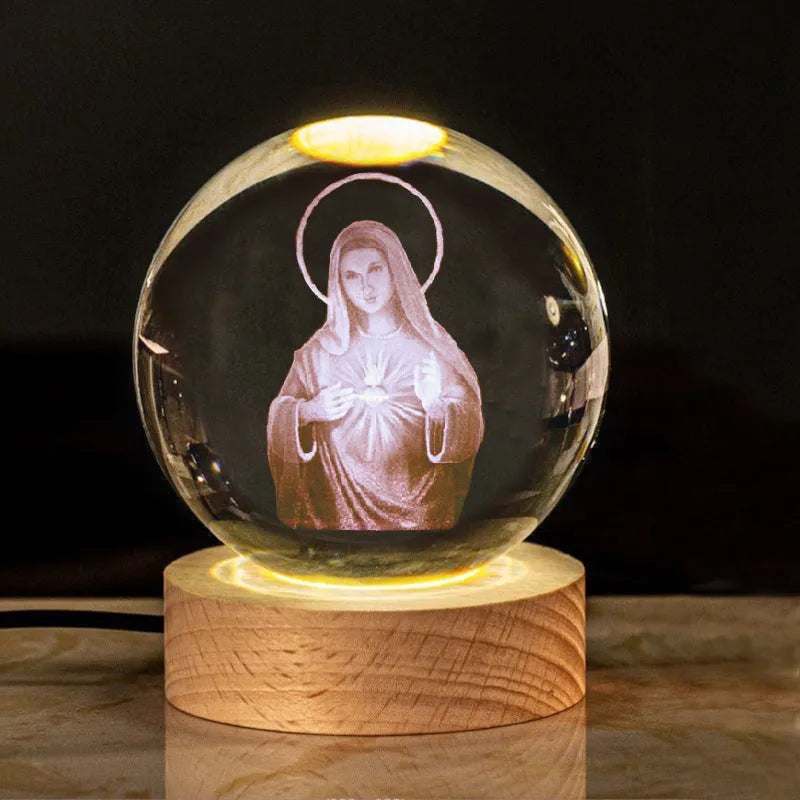 White crystal ball lamp with solid wood base and warm lighting in religious designs