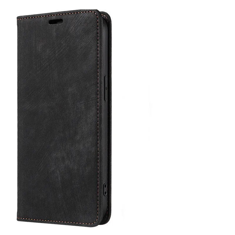 Magnetic flip phone case in solid colour for iPhone, showing TPU frame and leather cover.