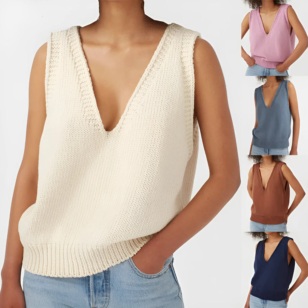 Ladies knitted vest sleeveless sweater pullover in acrylic, available in six colours including black and beige