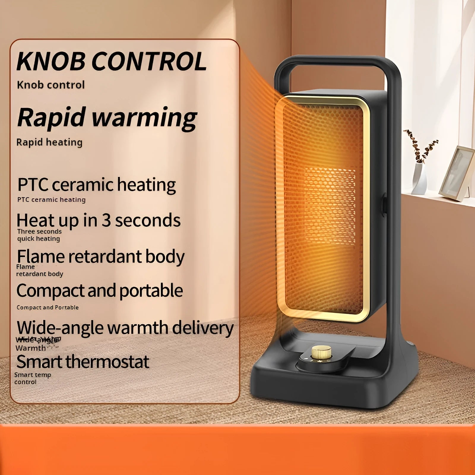 Compact black PTC ceramic desktop heater with control knob showing three speed settings