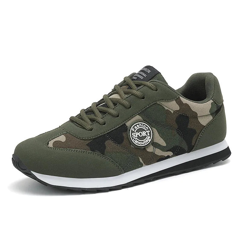 Camouflage pattern suede sports shoes with mesh lining and a flat foam sole.