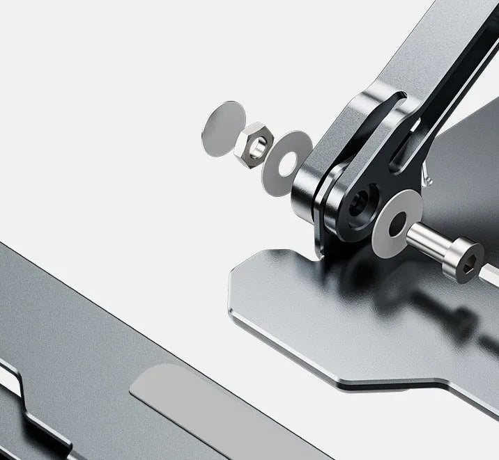 Adjustable aluminum laptop stand in grey colour showing folding design and hollow construction