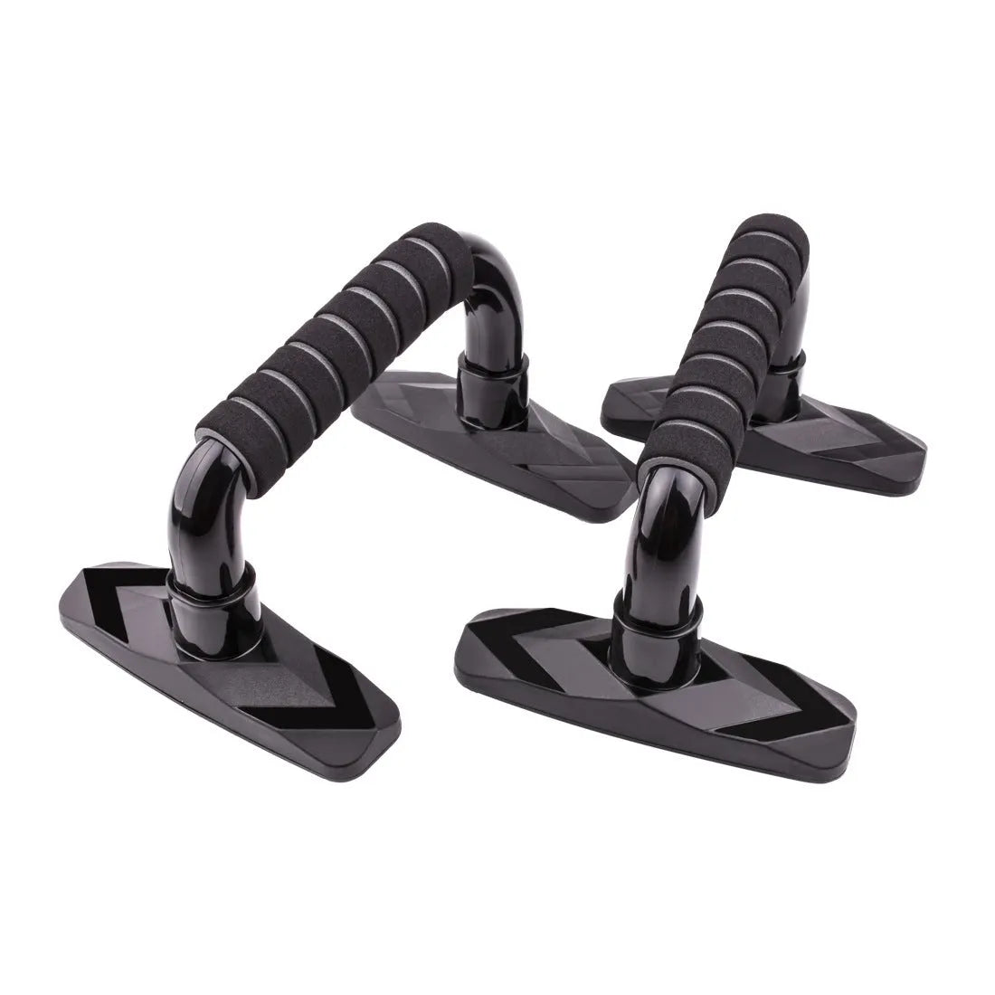 A pair of diamond-shaped push-up bars with blue PP sponge handles on a gym floor.