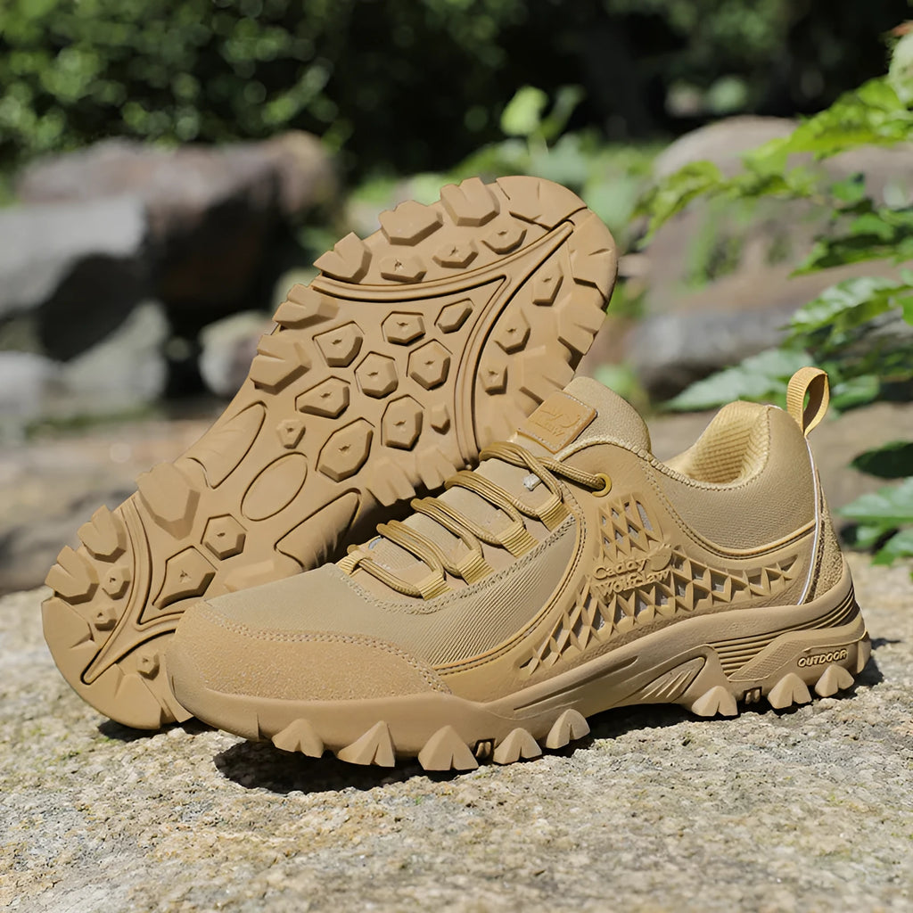 Men's casual outdoor mountaineering non-slip platform hiking shoes, khaki colour, PU mesh upper