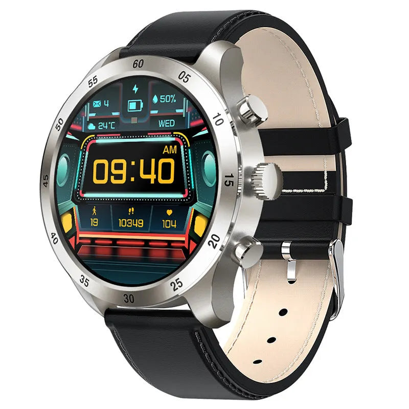 Smart watch with Bluetooth calling display showing music playback and health metrics