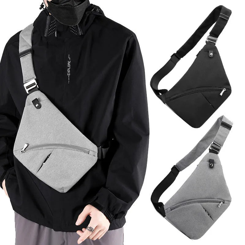 Men's Oxford cloth shoulder chest bag in grey colour with adjustable strap and letter detailing