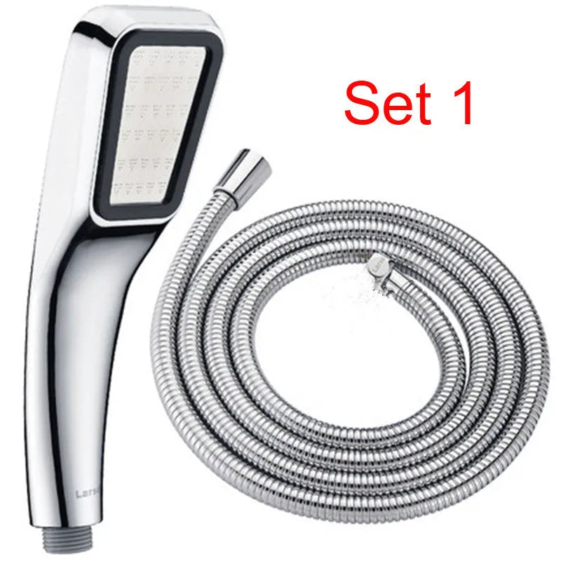 Orange hand-held rain shower set with pressurised function showing shower head and connection