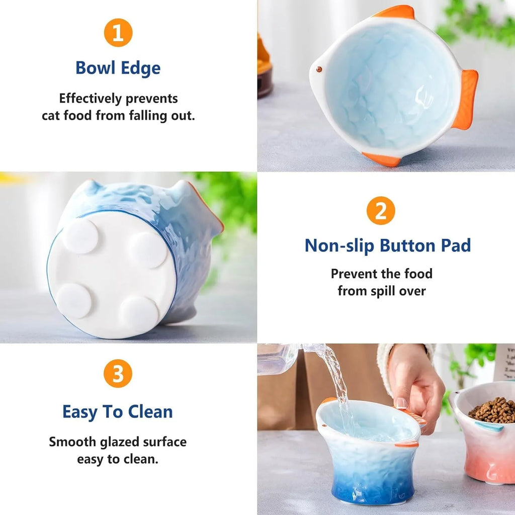 Set of blue ceramic cat feeder bowls in a fish shape with a 15-degree tilt angle.