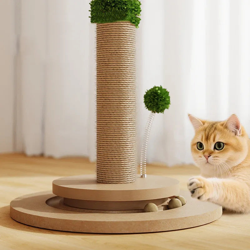 Vertical cat scratching post with hemp rope wound around a canna-coloured column on a solid base.
