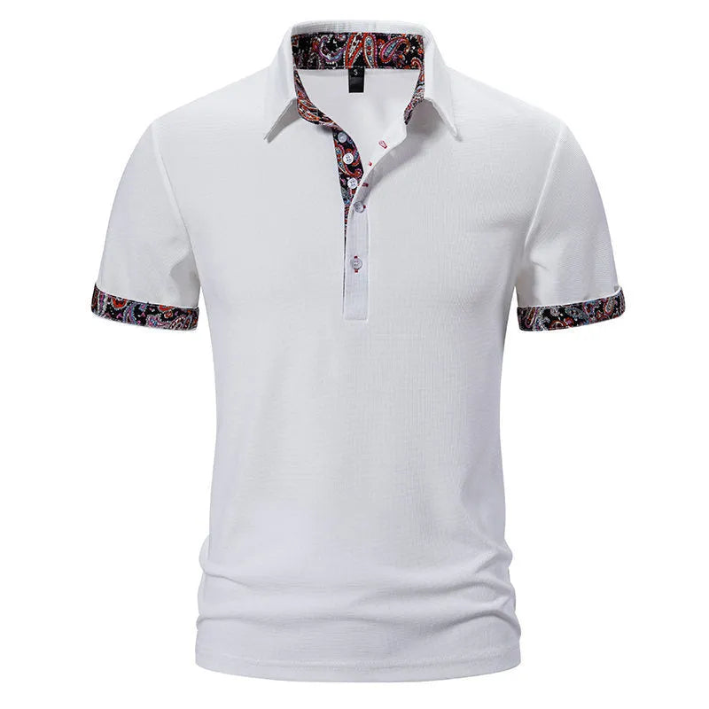 Men's cotton blend polo shirt in navy blue with short sleeves and turnover neck.