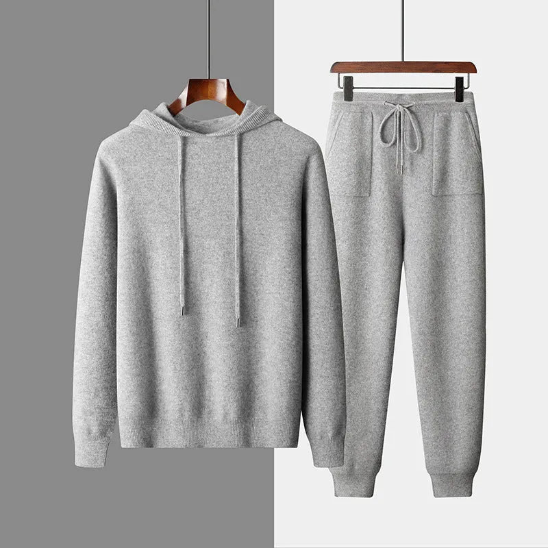 Men's light grey cashmere hoodie and trousers leisure set with hooded sweatshirt
