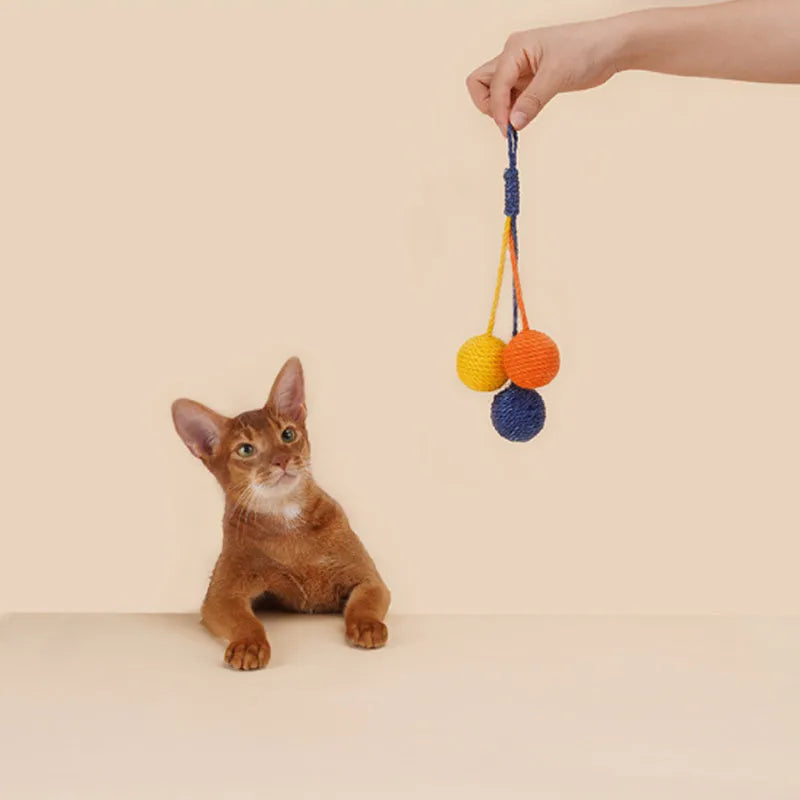 Cat teaser stick toy set with wand and three colourful catnip balls on blue background