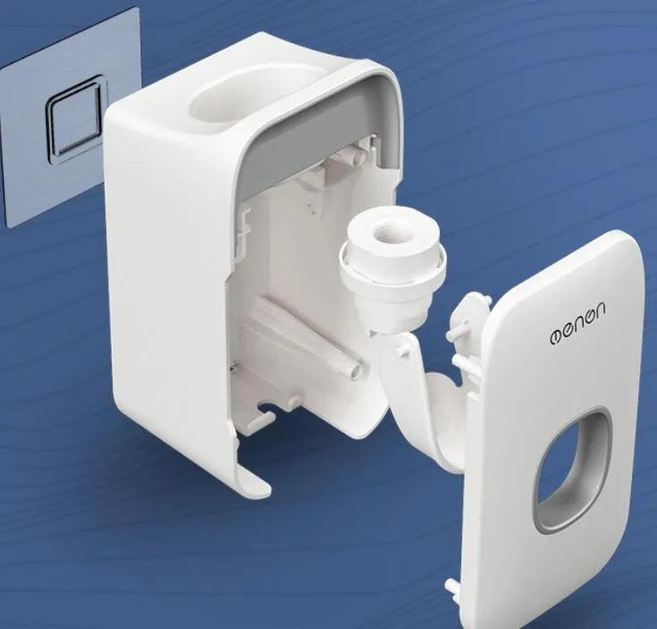 Automatic toothpaste dispenser mounted on bathroom wall in blue colour