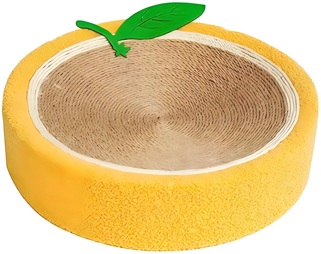 Yellow round sisal cat scratching board with a concave centre for use as a cat bed.