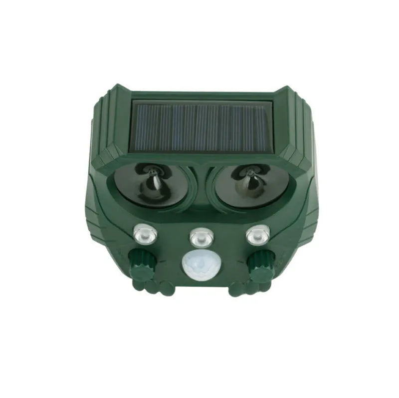 Green solar ultrasonic animal repeller unit with solar panel on top.
