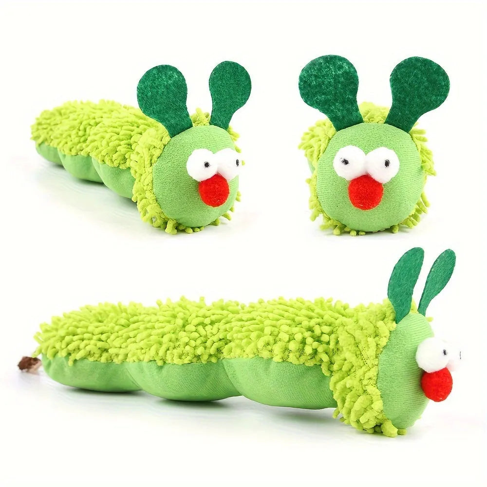 Green interactive plush cat toy with sports ball and fishing rod design