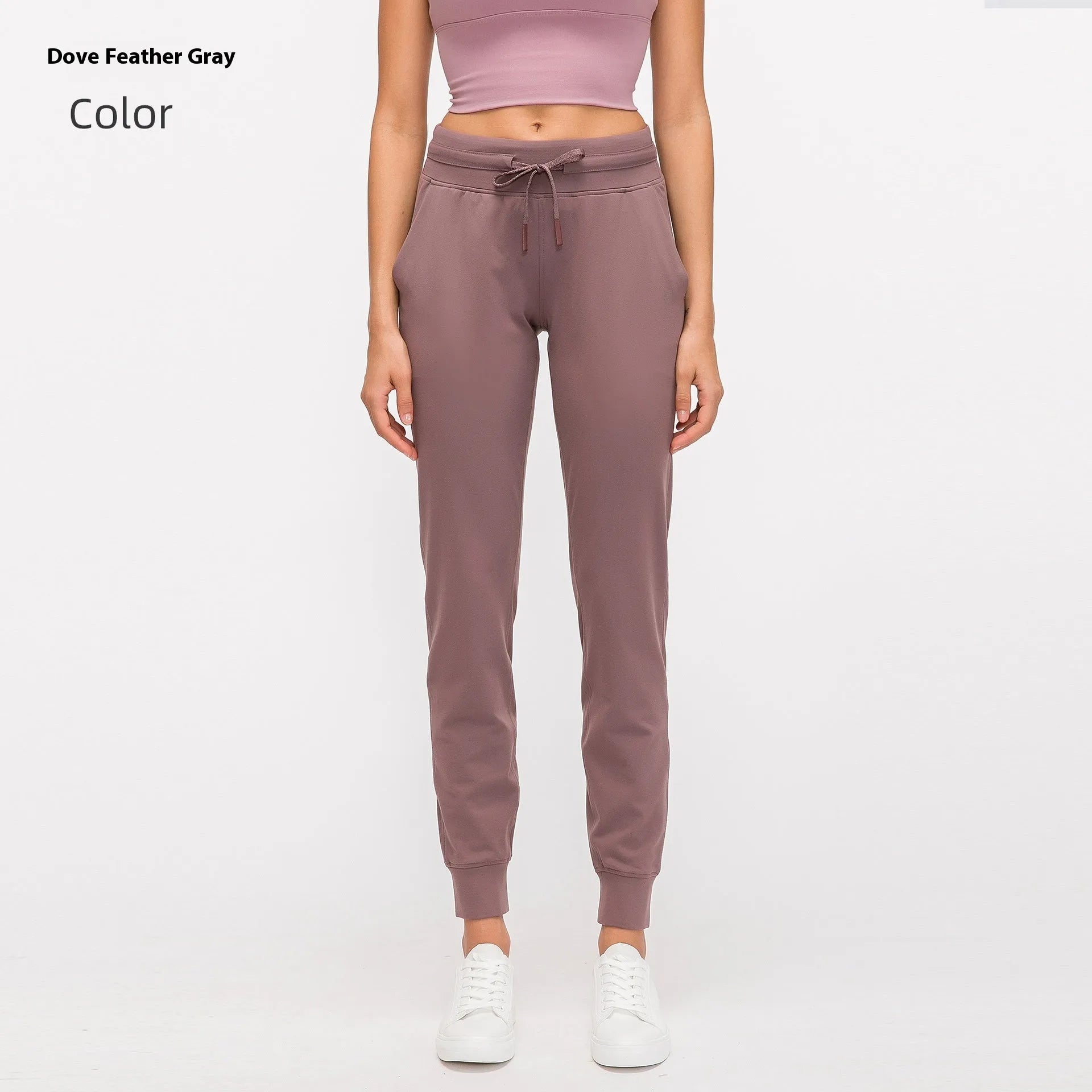 Women's high-waist yoga pants with drawstring waistband in distilled coffee colour, suitable for fitness.