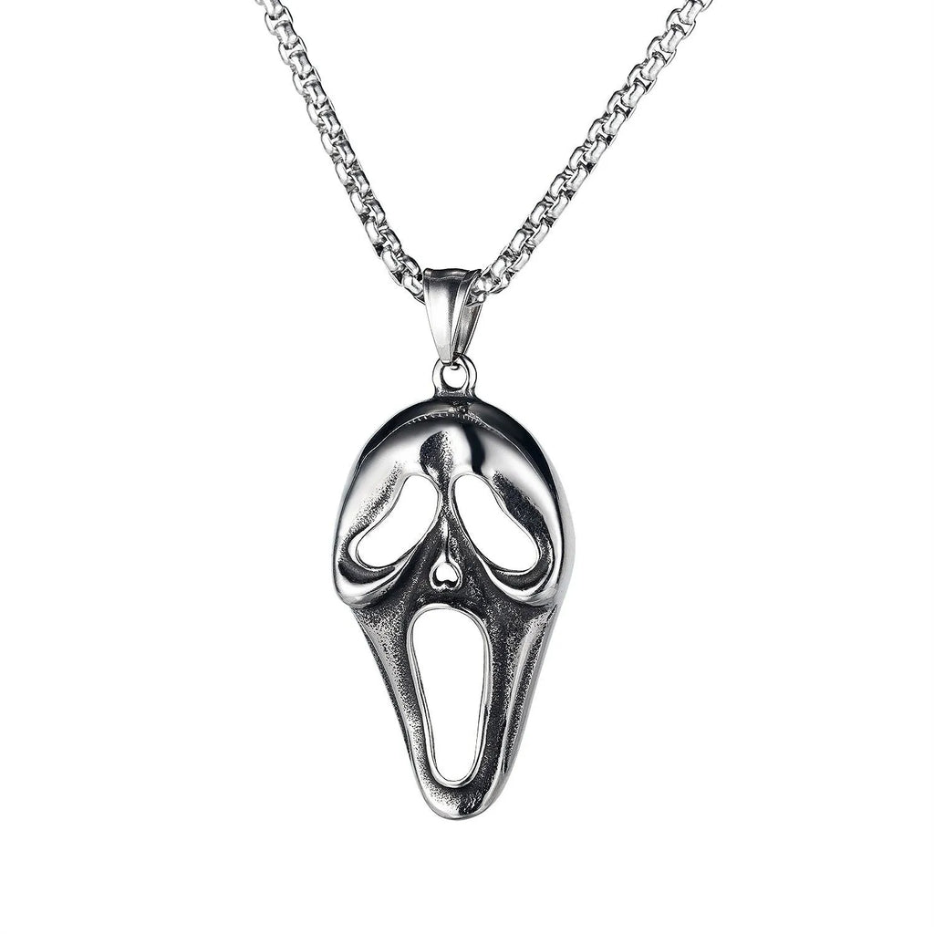 Men's stainless steel skull necklace with electroplated silver finish showing six pendant colour options