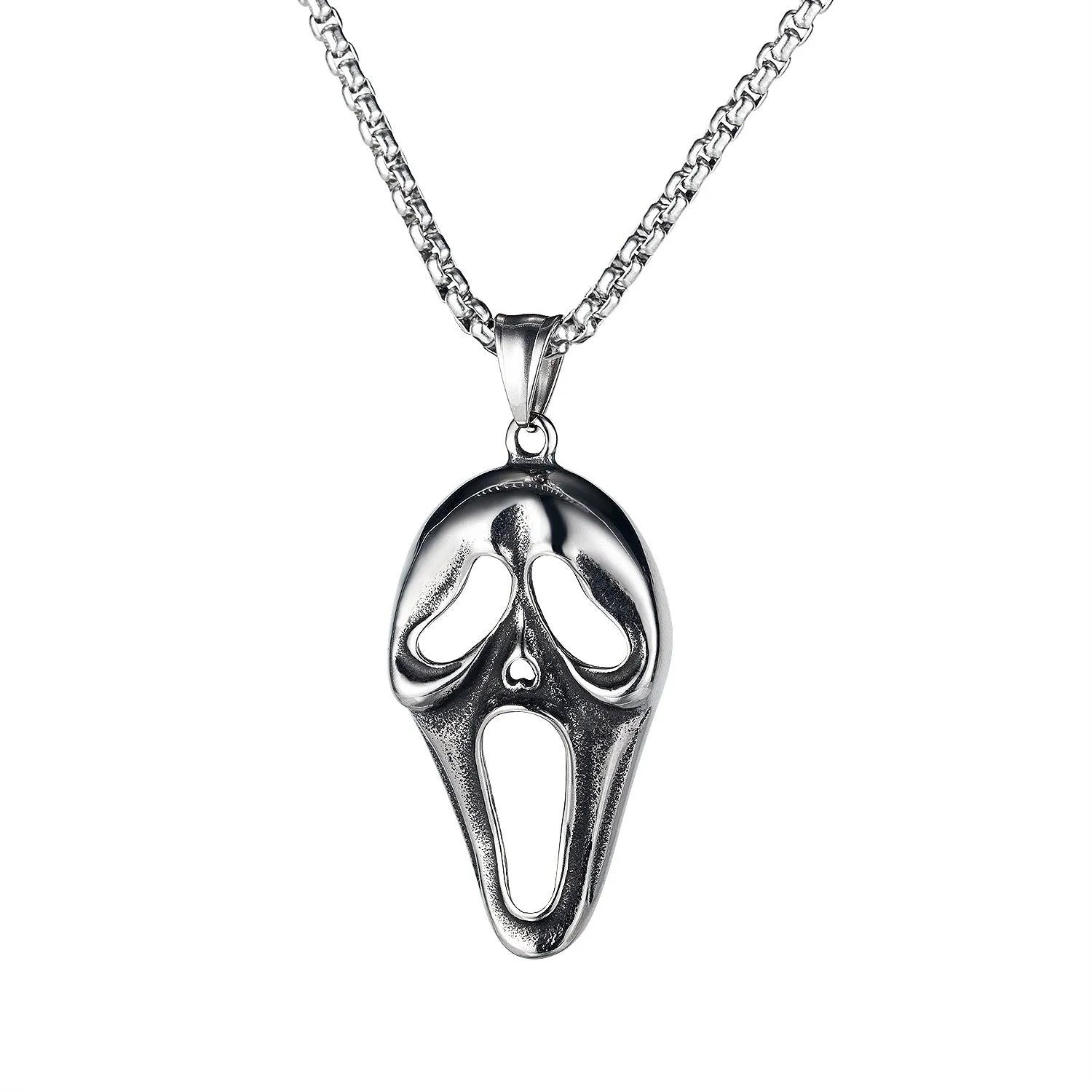 Men's stainless steel skull necklace with electroplated silver finish showing six pendant colour options