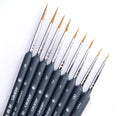 Set of ten black wolf hair hook liner brushes with wooden handles and steel ferrules arranged by size