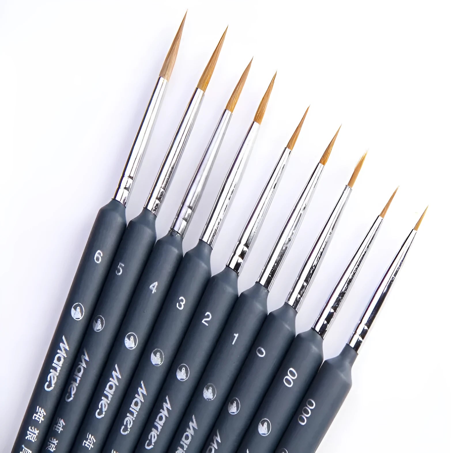 Set of ten black wolf hair hook liner brushes with wooden handles and steel ferrules arranged by size