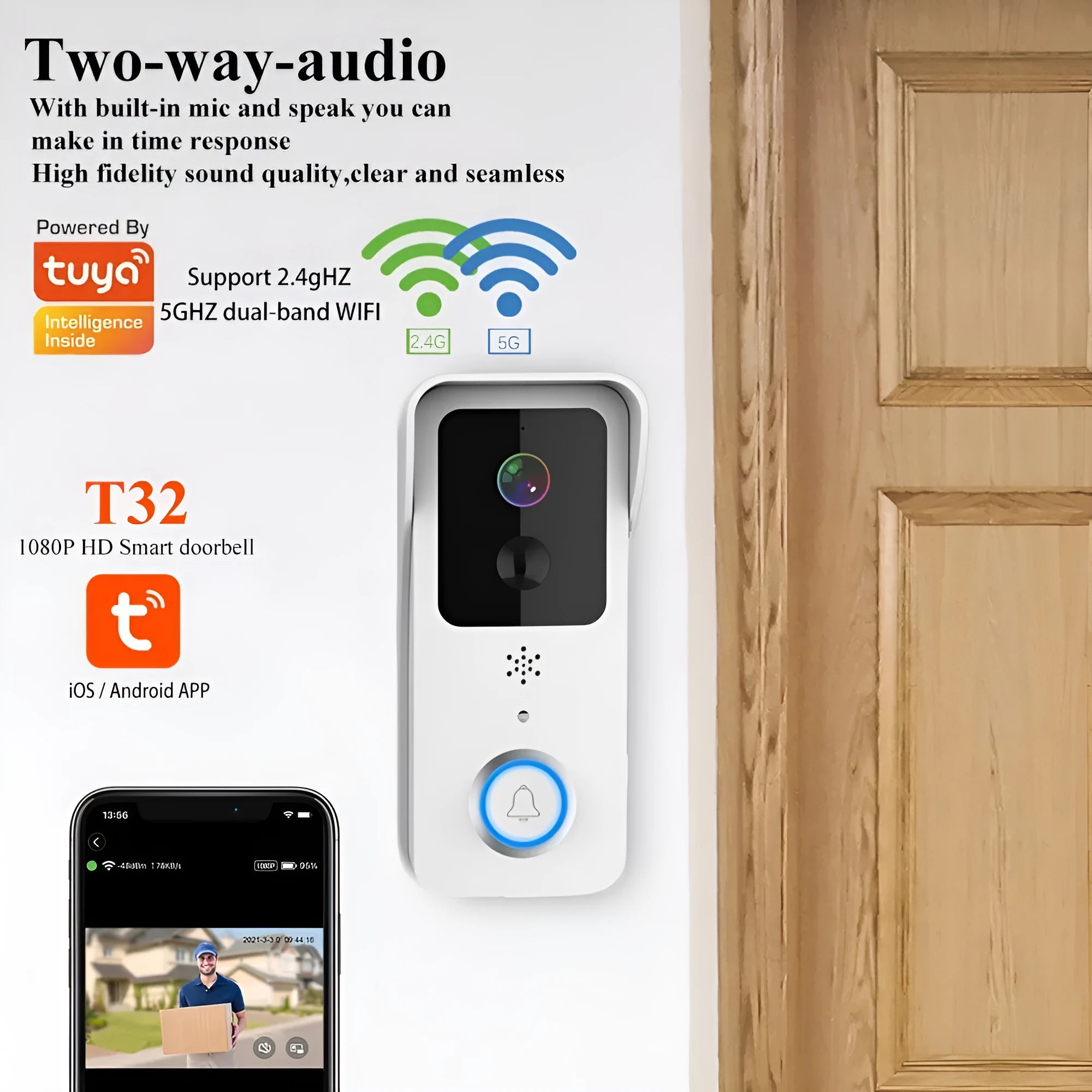 Waterproof smart visual doorbell intercom with HD video camera and battery power source