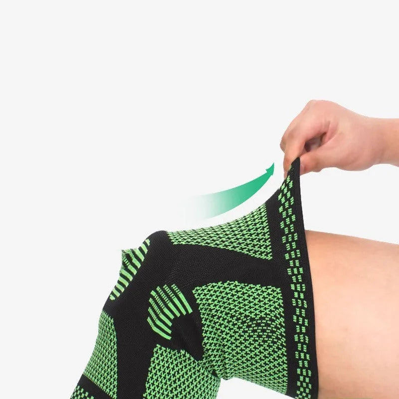 Sports knee pads with silicone spring design in blue colour showing polyamide sleeve construction