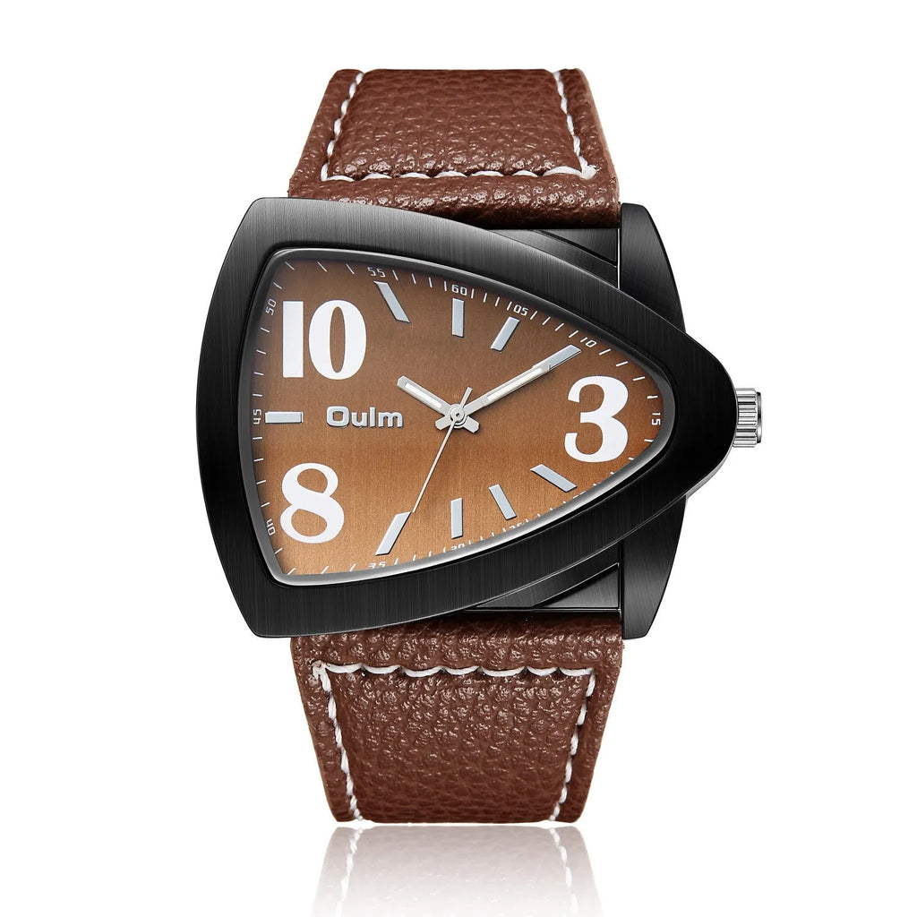 Men's triangular quartz watch with leather-style strap in brown colour showing 9mm case thickness