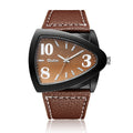 Men's triangular quartz watch with leather-style strap in brown colour showing 9mm case thickness