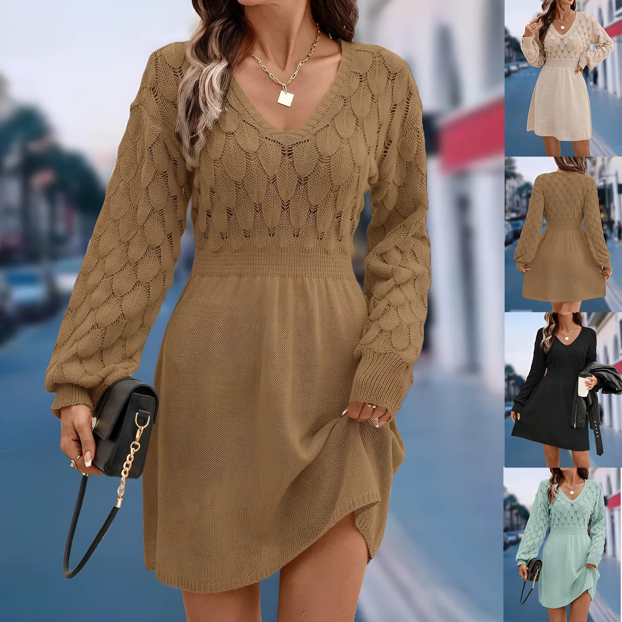 Acrylic fibre ethnic style V-neck beach dress with 3D pattern and long sleeves