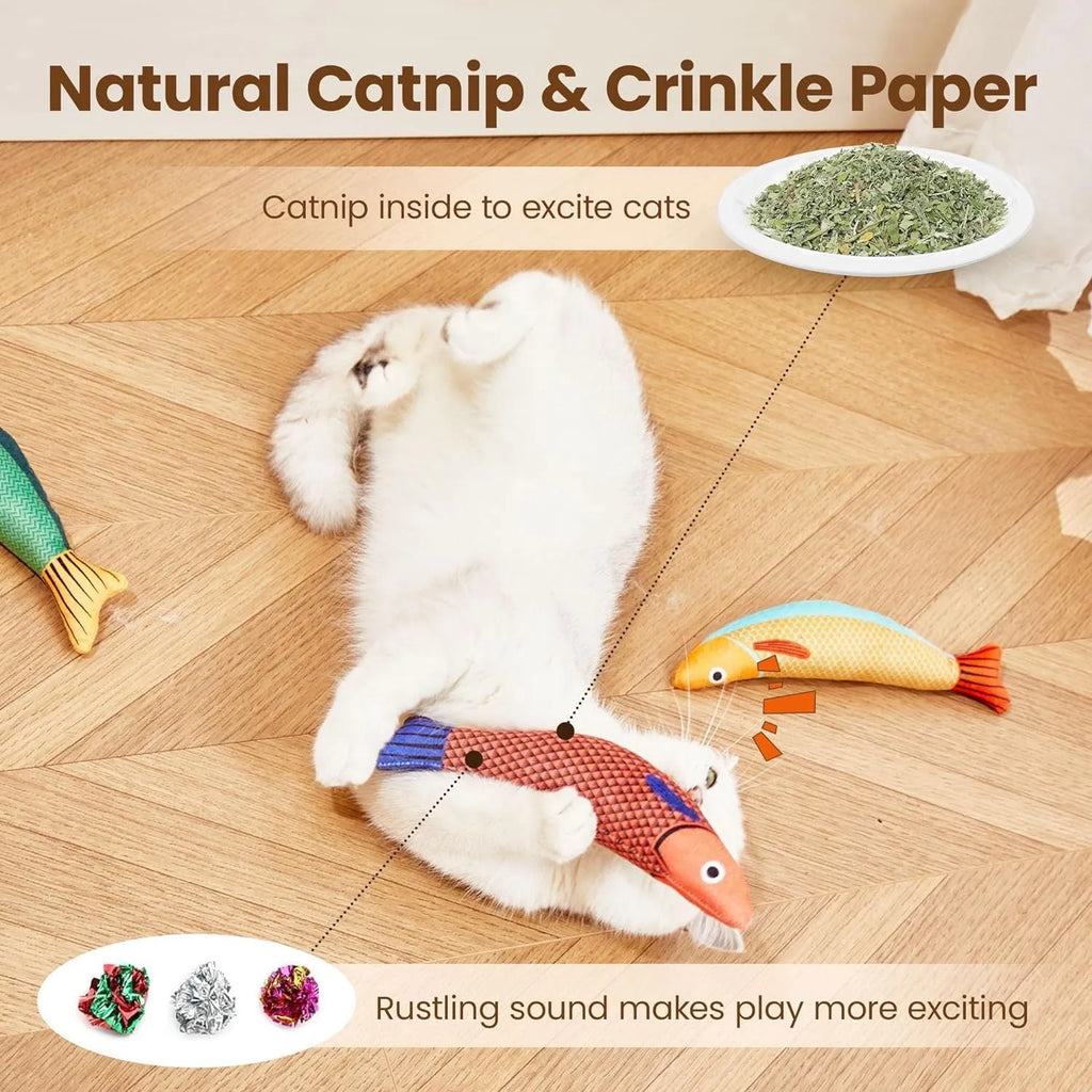 Soft plush catnip fish toy in bright colours with crinkle sounds for interactive cat play