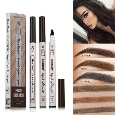 Waterproof four-tip eyebrow pen with fork tip applicator for natural hair-like brow strokes, 1ML liquid tint