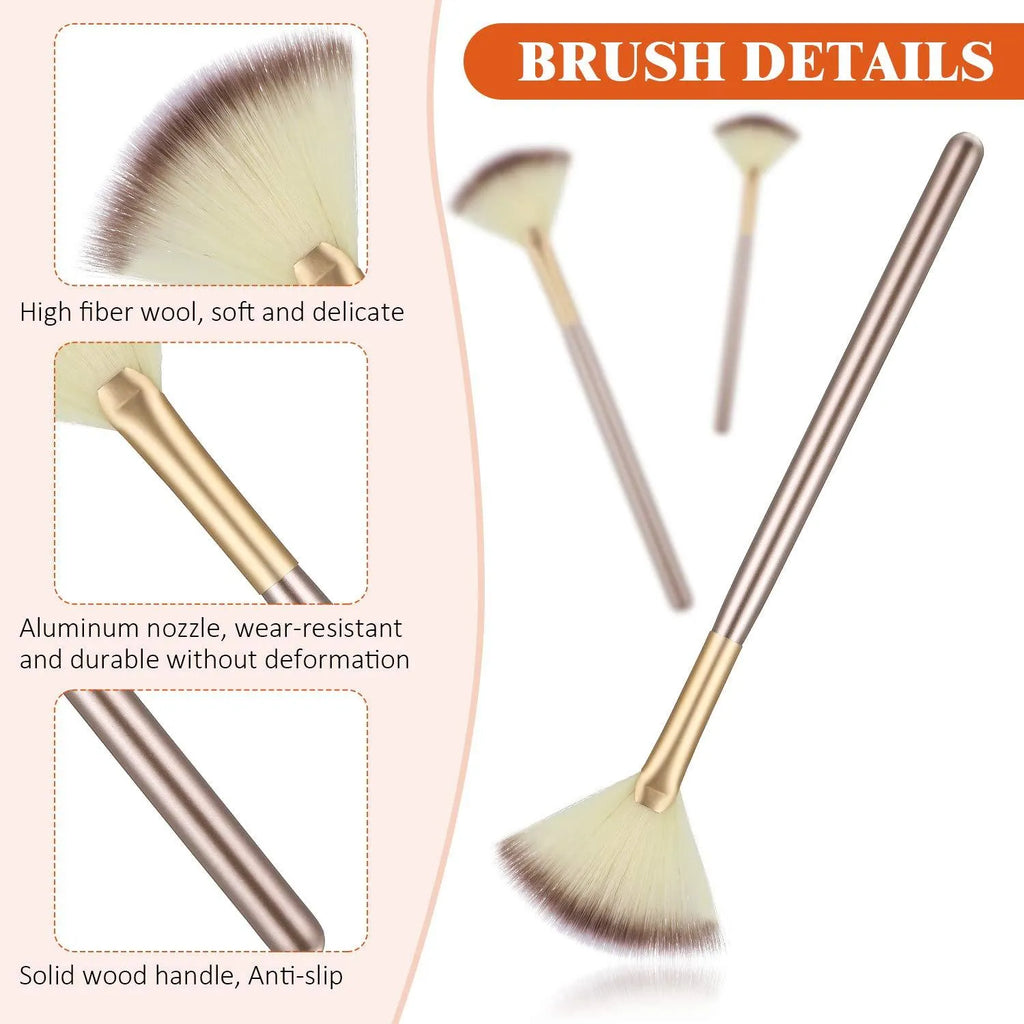 Ten champagne-finished acrylic handle facial fan brushes with protective covers