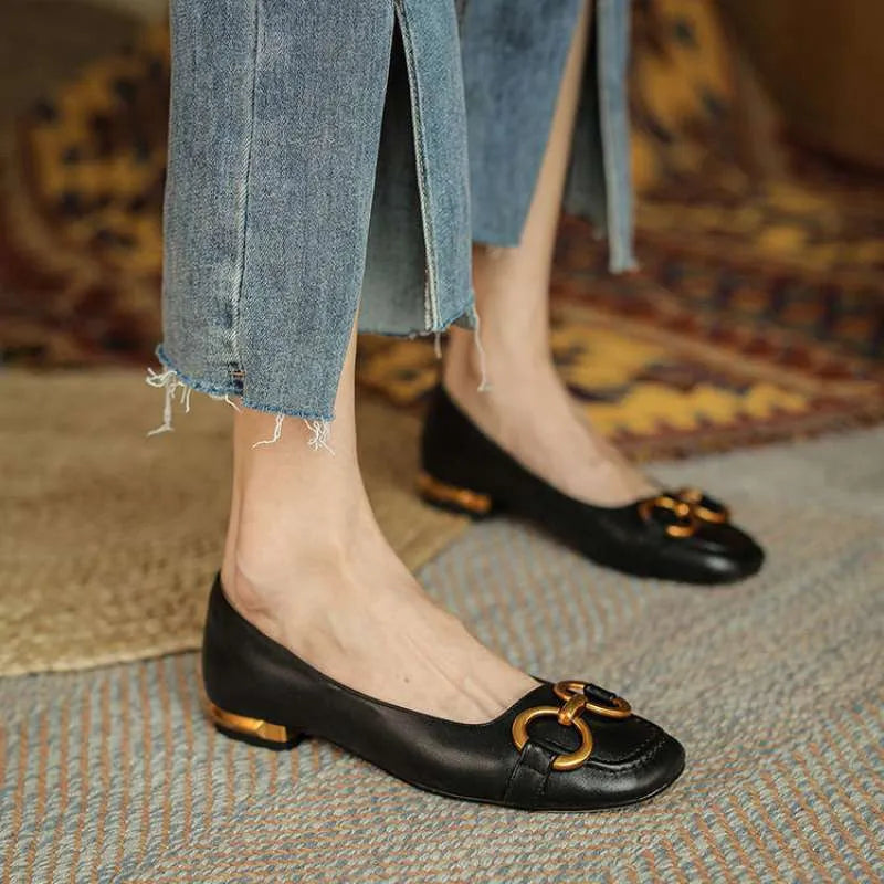 Women's square toe Mary Jane pumps with metal decor in shallow mouth design available in multiple colours