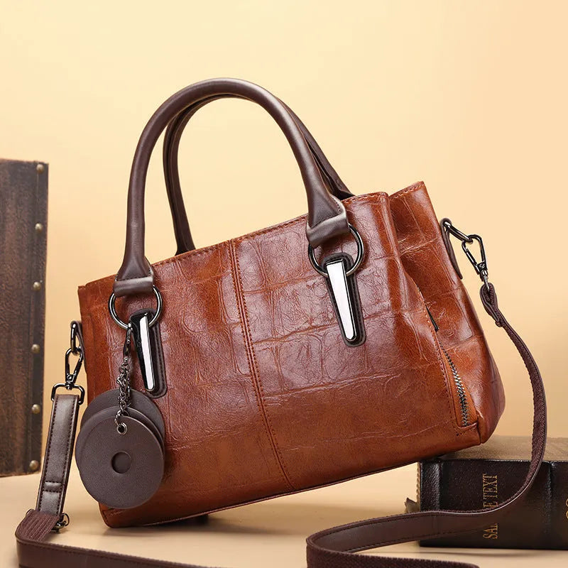 Large horizontal square PU leather bag in vintage brown with internal organisation compartments