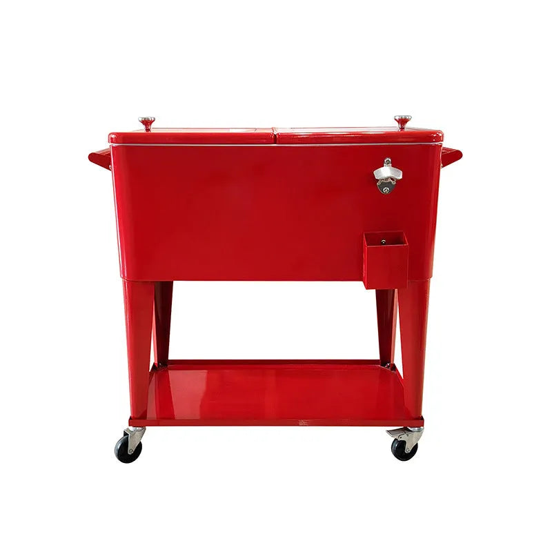 Red outdoor metal insulated trolley cooler with wheels and a 750ml capacity.