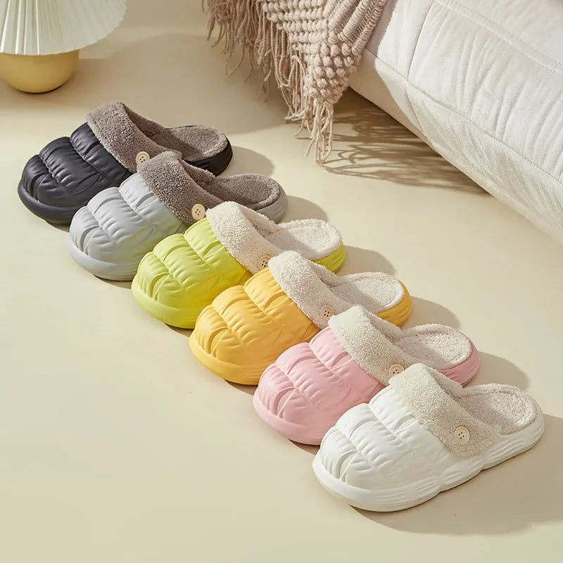 Removable fluffy slippers with EVA upper, non-slip plastic sole, and Velcro fastening in beige