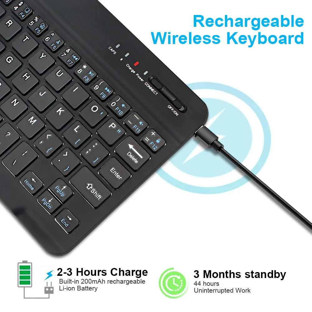 Mini Bluetooth wireless keyboard in black or white for tablets in 7, 9, and 10-inch sizes