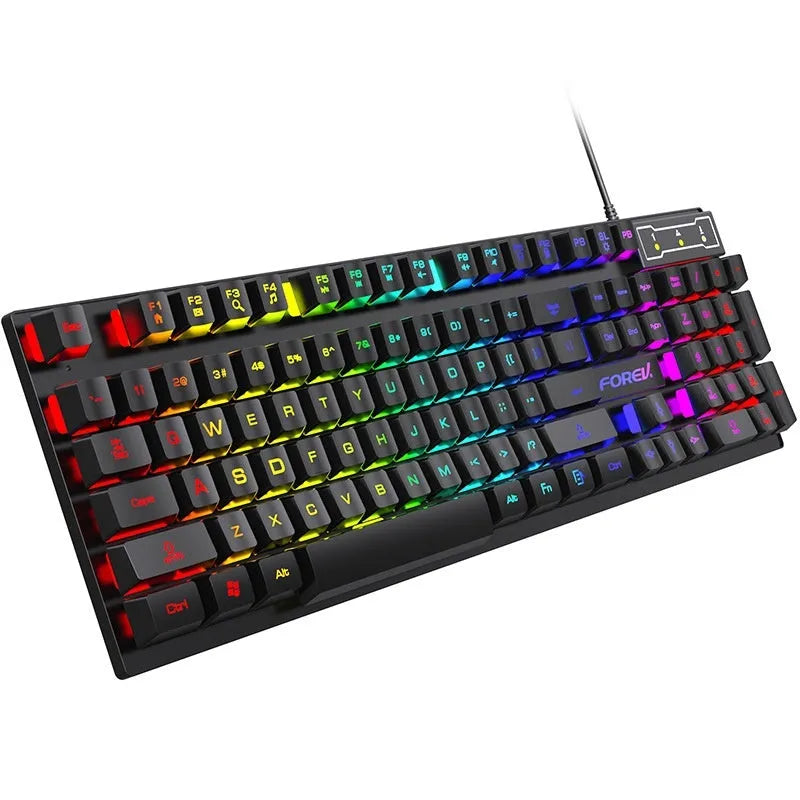Black 104-key backlit gaming keyboard with optional mouse, showing ABS construction and 1.5m cable