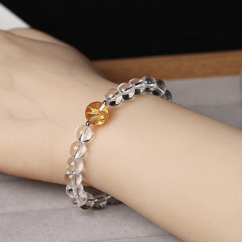 Geometric obsidian white crystal bracelet with black agate beads and adjustable 14-16 cm fit