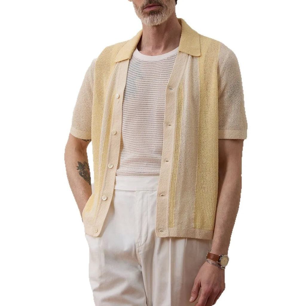 Yellow asymmetric design casual polo shirt made from Tencel fabric with short sleeves