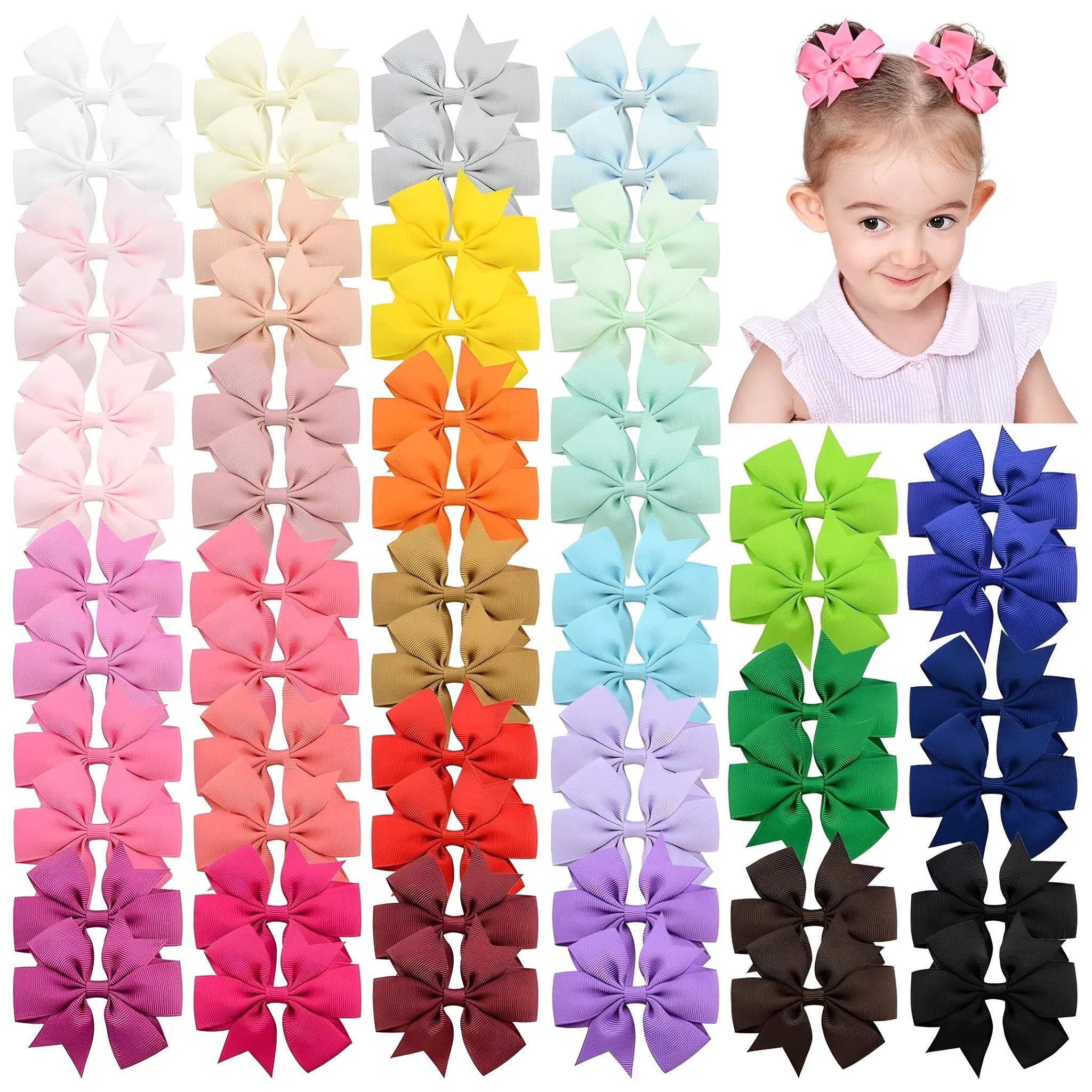 Assortment of handmade 3-inch grosgrain ribbon pinwheel hair bows with alligator clips for toddler girls in multiple colours.