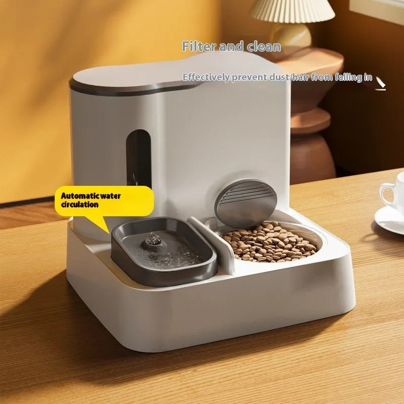 Grey cat automatic feeder with integrated water dispenser and double bowl design