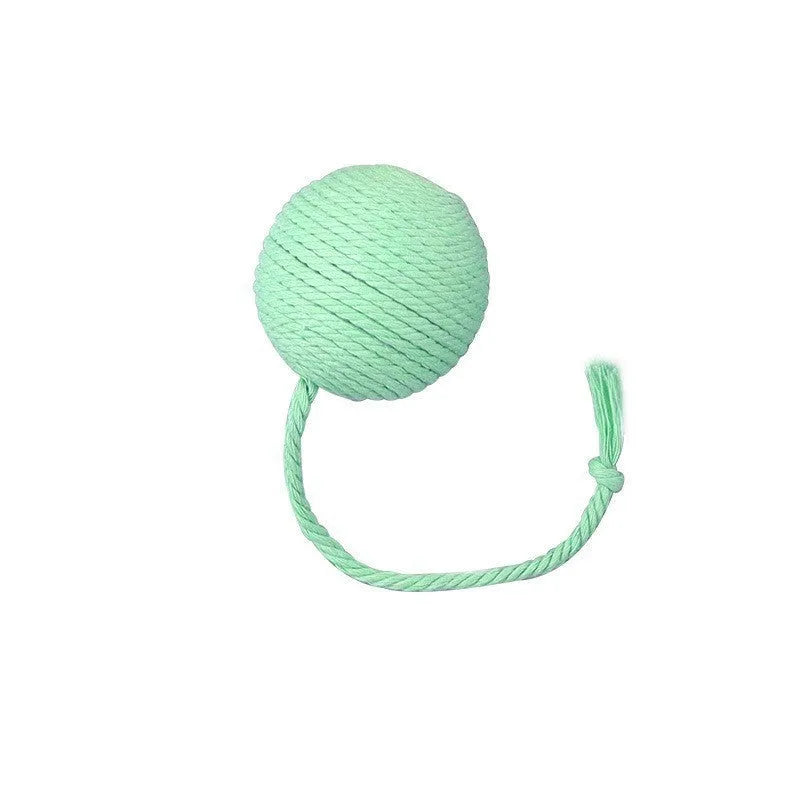 Colourful cat toy ball with rope handle and internal bell in 6cm or 3cm sizes