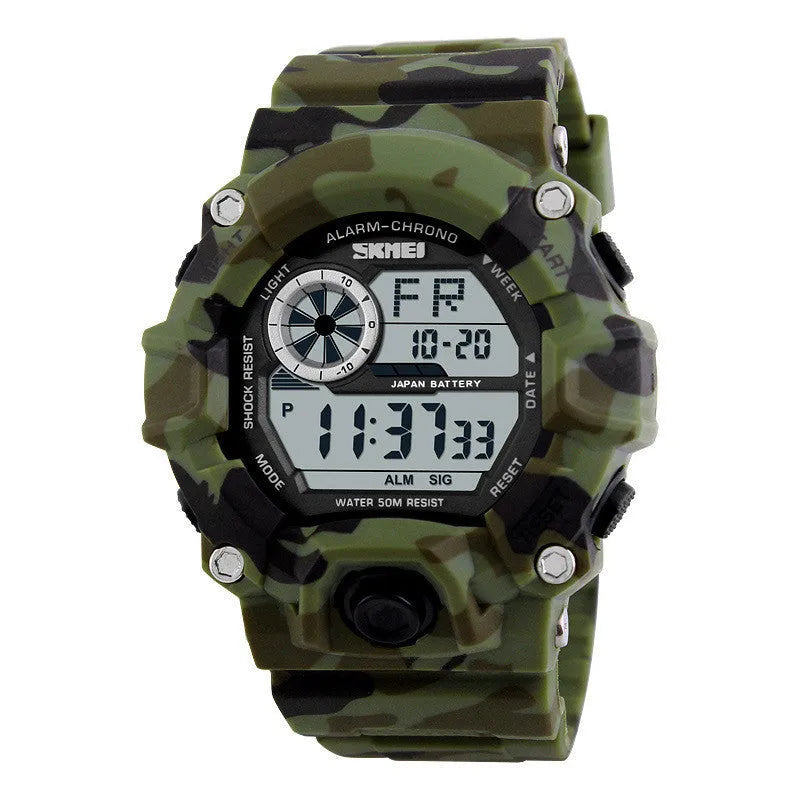 Waterproof multifunctional mountaineering watch with round dial and plastic strap in five colour options