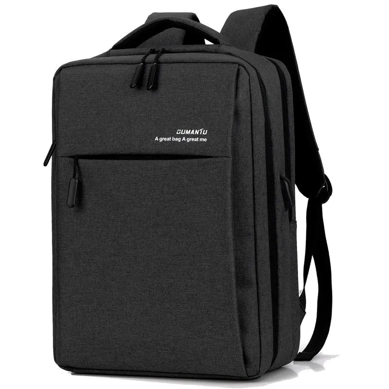 Waterproof rechargeable laptop backpack in black showing shoulders style design with Oxford cloth construction