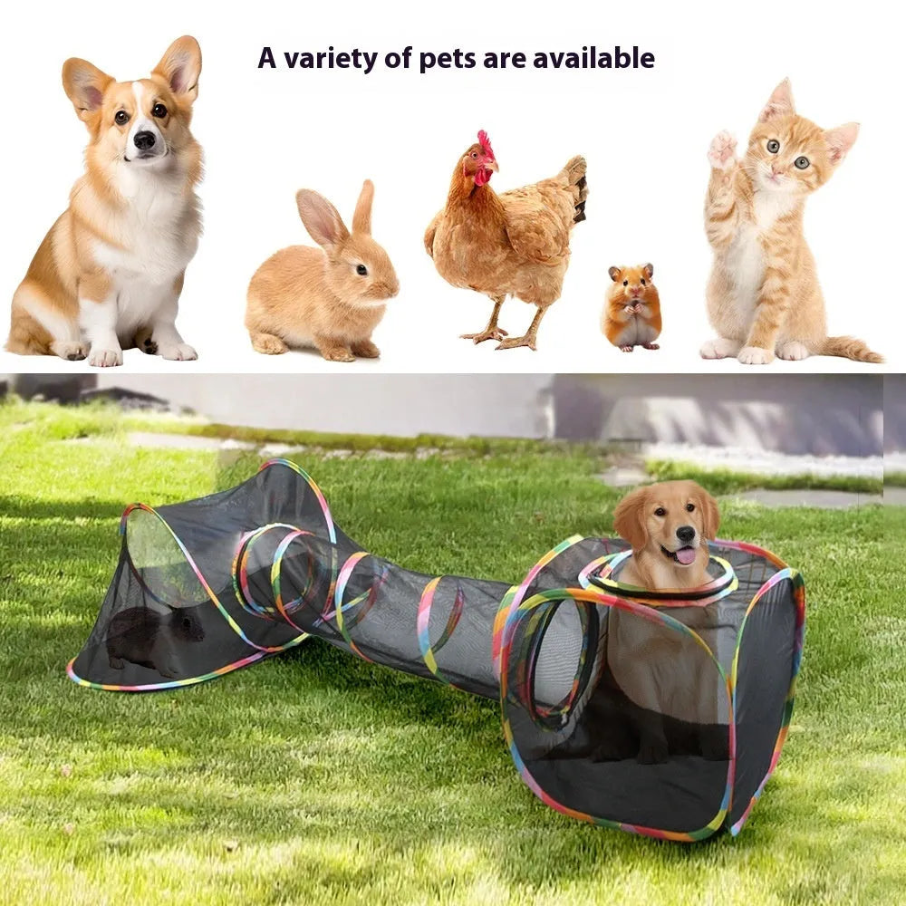 Foldable mesh cat play cage showing interlocking panels in a tunnel configuration.