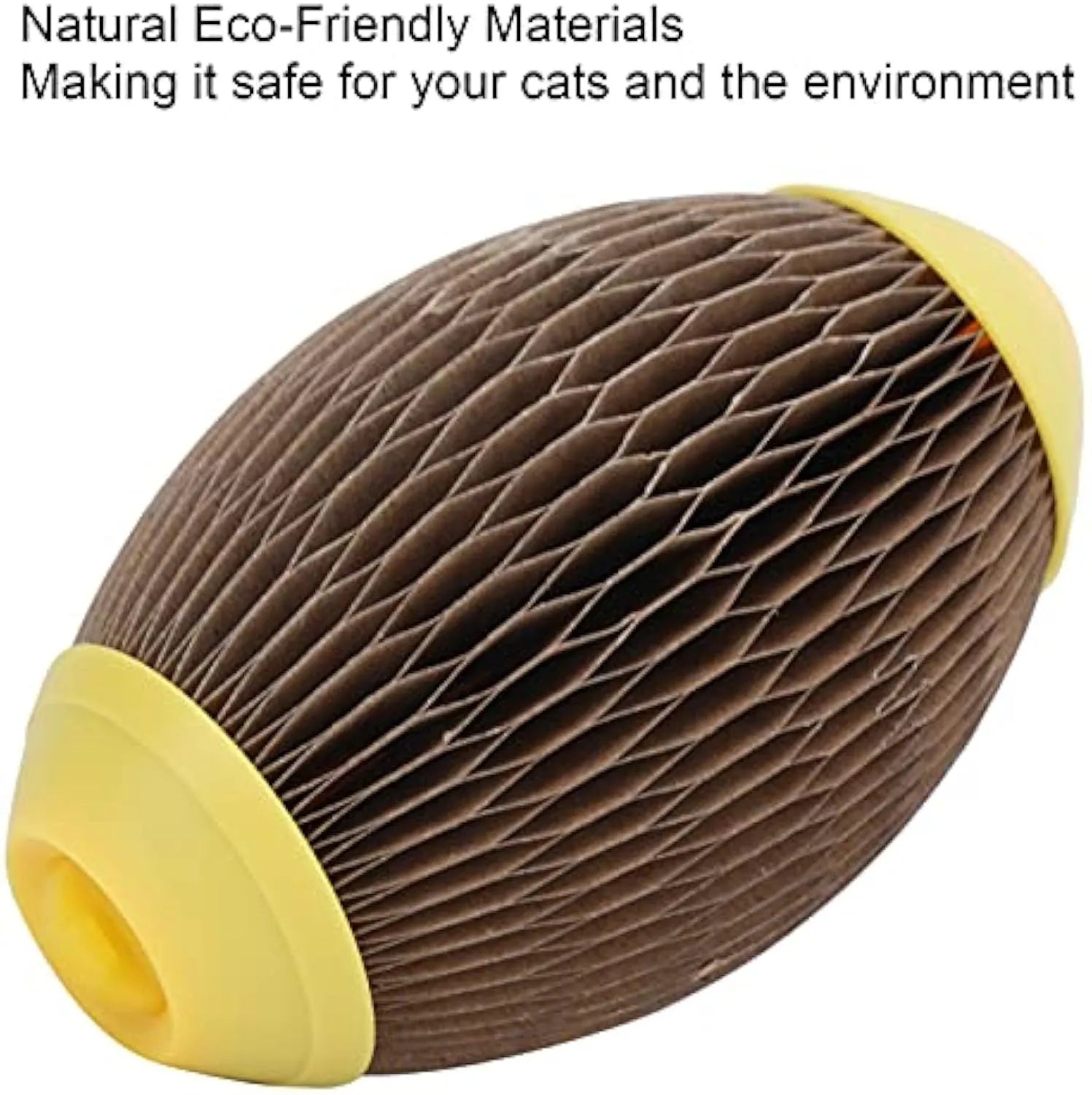 Elliptical catnip ball toy made from brown recycled corrugated paper for scratching and play.