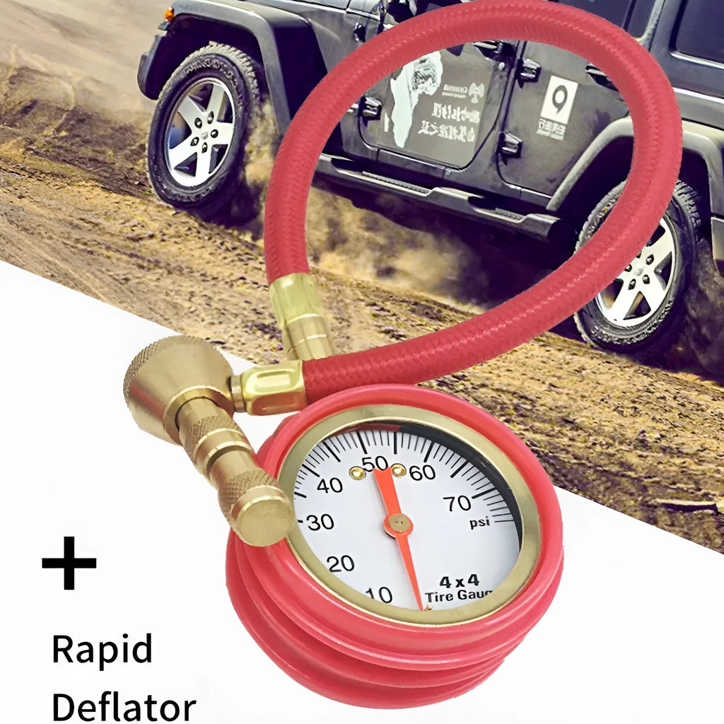 Red and black mechanical tyre pressure gauge for cars with rapid deflation feature and rubber shell